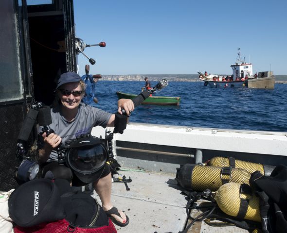 Louise Murray with Nikon D800 in Aquatica housing on board the tuna dive boat at Barbate, Spain