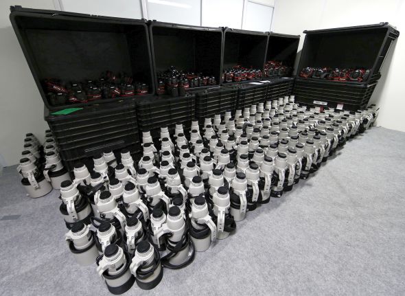 Camera equipment is seen inside the Canon loan service office at the Maracana stadium in Rio de Janeiro July 12, 2014. In a project called "On the Sidelines" Reuters photographers share pictures showing their own quirky and creative view of the 2014 World Cup in Brazil. REUTERS/Eddie Keogh (BRAZIL - Tags: SPORT SOCCER WORLD CUP SOCIETY MEDIA SCIENCE TECHNOLOGY) - RTR3YLVY