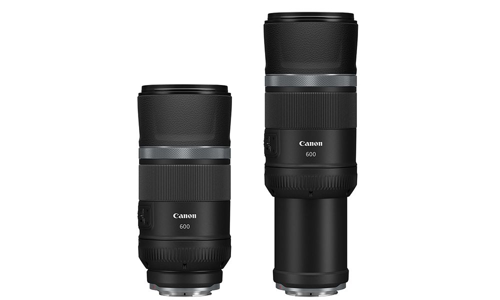Canon EF 600mm f11 IS STM lens shown fully extended and compact