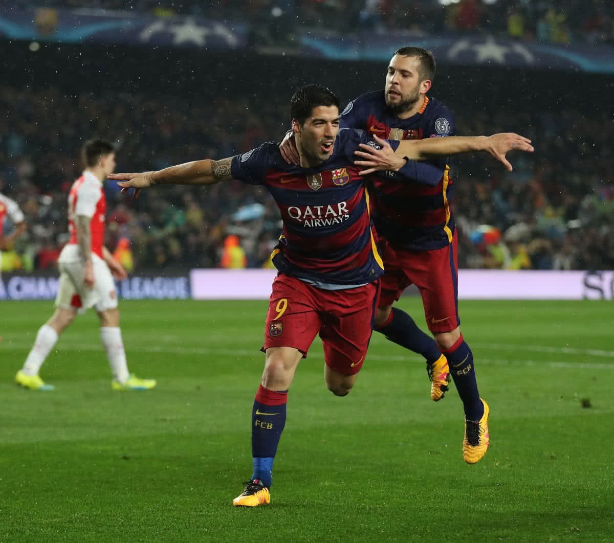 FC Barcelona vs Arsenal. Champions League Round of 16 2nd Leg. Pic Richard Pelham. 16.03.16. Luis Suarez celebrates his goal.