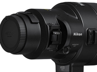Nikon Z 400mm f2.8 TC VR S lens detail showing drop in filter, built in teleconverter and memory set button.