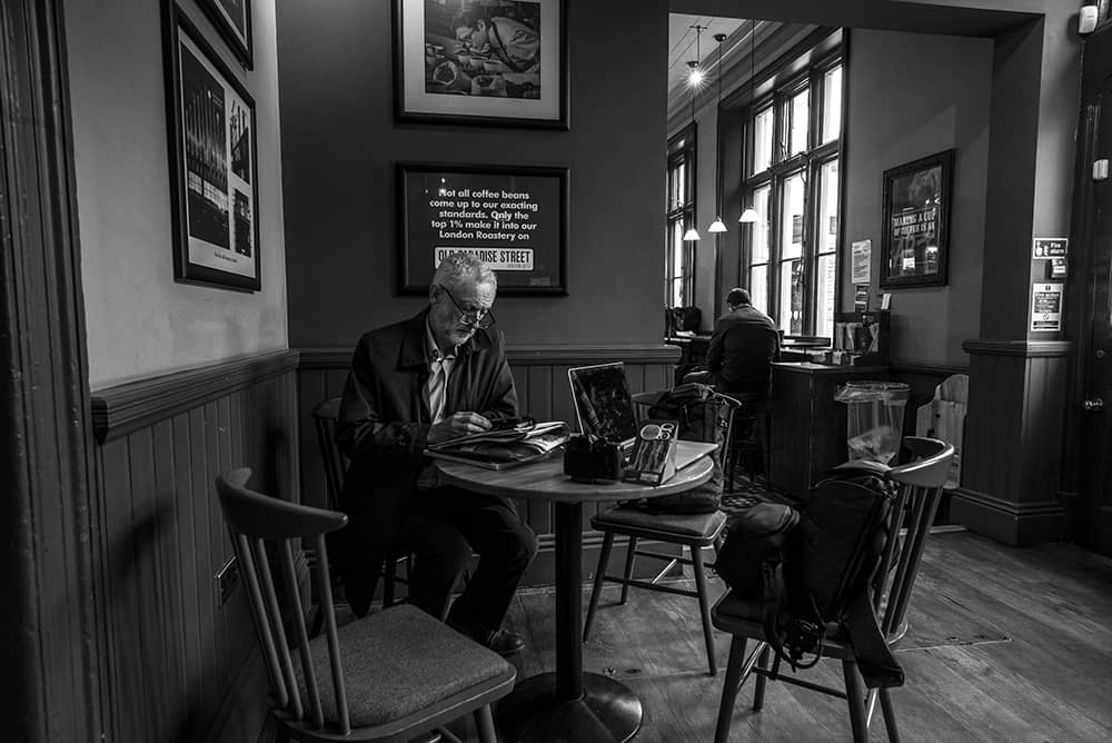 Jeremy Corbyn, waiting for train from Morecombe. Photo Sean Smith